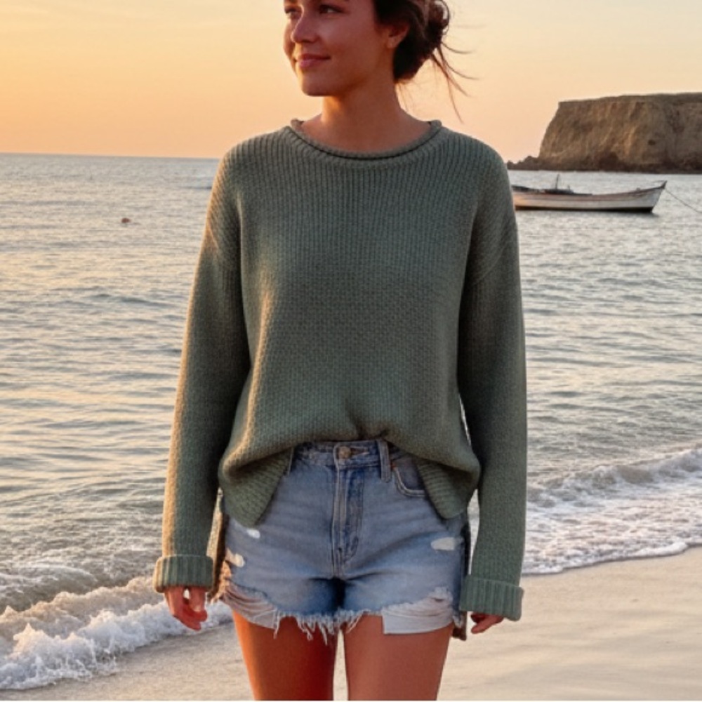Cozy Green Crewneck Sweater - Women's Scoop Knit Pullover